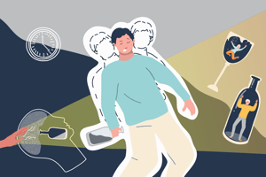 Il·lustració simbòlica dels efectes del consum d'alcohol. Al centre, una persona amb una ampolla a la mà sembla desorientada, amb figures desdoblades darrere que suggereixen pèrdua d'equilibri o consciència. A l'esquerra, un cervell amb una ampolla projectada a l'interior representa l'impacte de l'alcohol sobre la ment. A la dreta, una copa de vi i una ampolla mostren persones atrapades a dins, simbolitzant la dependència i l'addicció. L'ambient general és confús i desequilibrat, transmetent els riscos i conseqüències del consum abusiu d'alcohol.